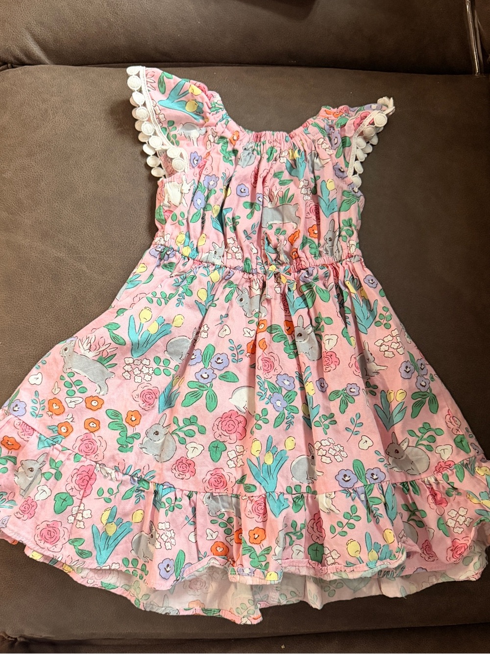 Girls' Pink Floral & Bunny Smocked Summer Dress Handmade